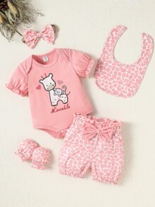 SHEIN 女寶寶漫畫圖形連體衣&短褲&配件口水巾&髮箍&手套