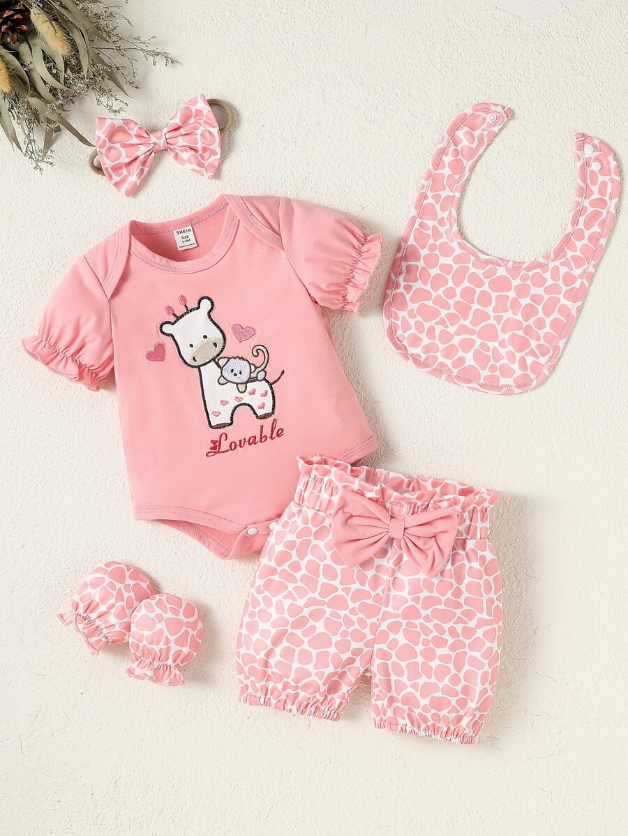 SHEIN 女寶寶漫畫圖形連體衣&短褲&配件口水巾&髮箍&手套