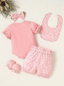 SHEIN 女寶寶漫畫圖形連體衣&短褲&配件口水巾&髮箍&手套