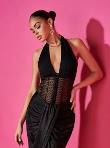 SHEIN BAE Plunge Neck Backless Halter Bodysuit - Black - View 5