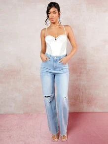 SHEIN BAE Contrast Mesh Bustier Cami Bodysuit - White - View 3