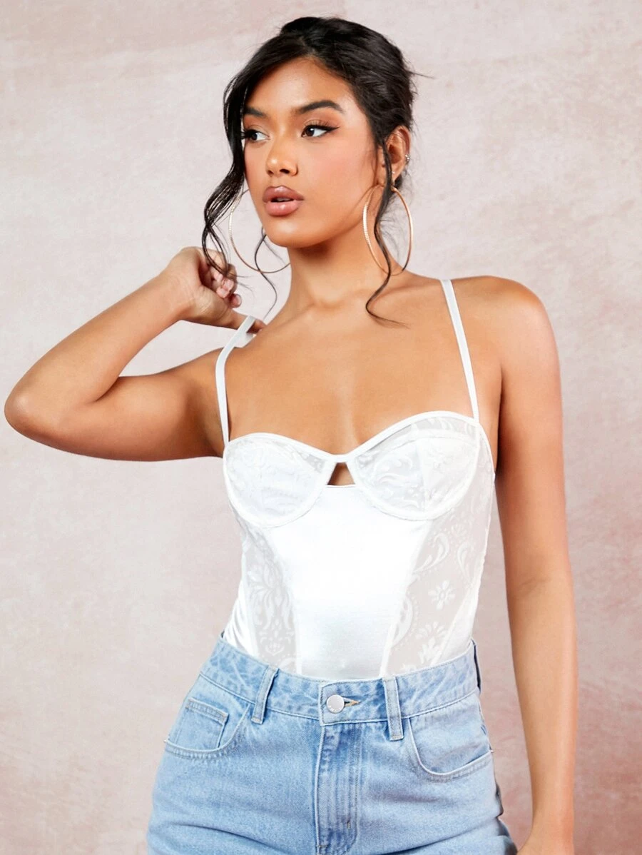SHEIN BAE Contrast Mesh Bustier Cami Bodysuit - White - View 1