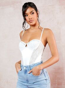 SHEIN BAE Contrast Mesh Bustier Cami Bodysuit - White - View 5