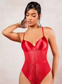 SHEIN BAE Contrast Lace Bustier Cami Bodysuit - Red - View 1