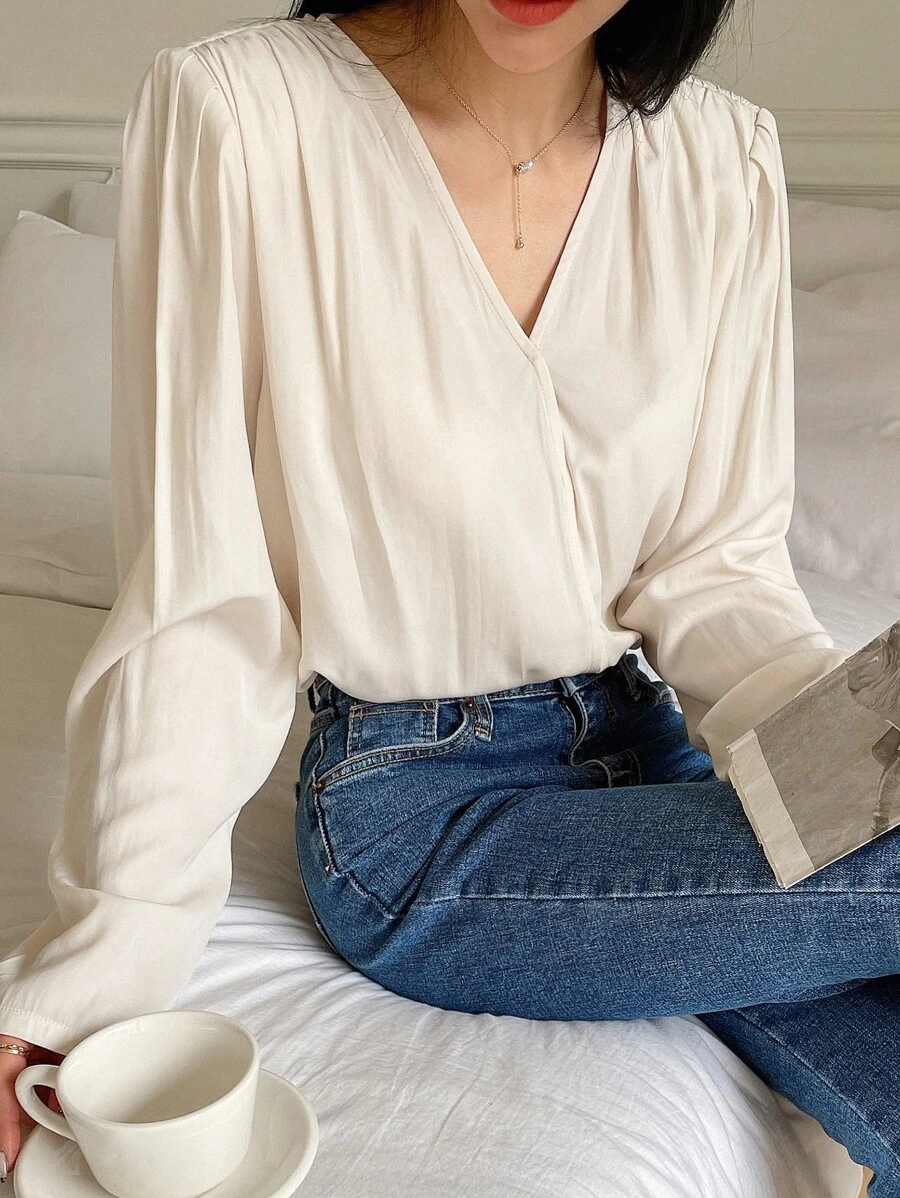 DAZY Solid V Neck Blouse Long Sleeve Women - Beige - View 1