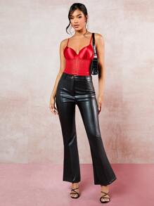 SHEIN BAE Contrast Lace Bustier Cami Bodysuit - Red - View 3