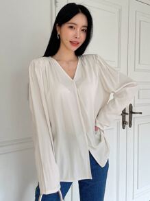 DAZY Solid V Neck Blouse Long Sleeve Women - Beige - View 3