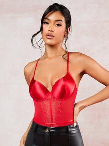 SHEIN BAE Contrast Lace Bustier Cami Bodysuit - Red - View 6
