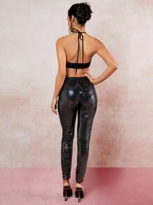 SHEIN BAE Sequin Crop Halter Top & Trousers - Black - View 2