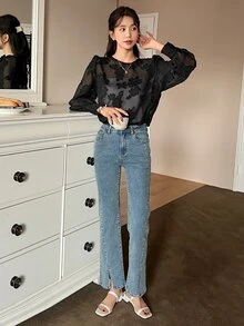 DAZY Áo sơ mi nữ cắt màu trơn Gợi cảm - màu đen - Xem 6
