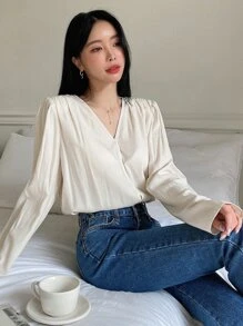 DAZY Solid V Neck Blouse Long Sleeve Women - Beige - View 8