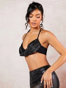 SHEIN BAE Sequin Crop Halter Top & Trousers - Black - View 5