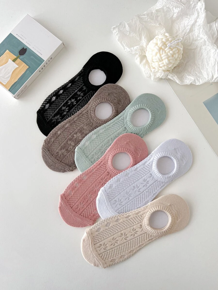 New Arrival Spring/summer Women's Invisible Boat Socks With Hollow Out Maple Leaves Pattern And Antiskid Silicone Design, 6 Pairs/set(random Colors) - Multicolor - View 1