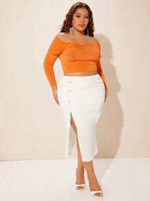 SHEIN SXY Plus Button Front Split Thigh Skirt - White - View 3