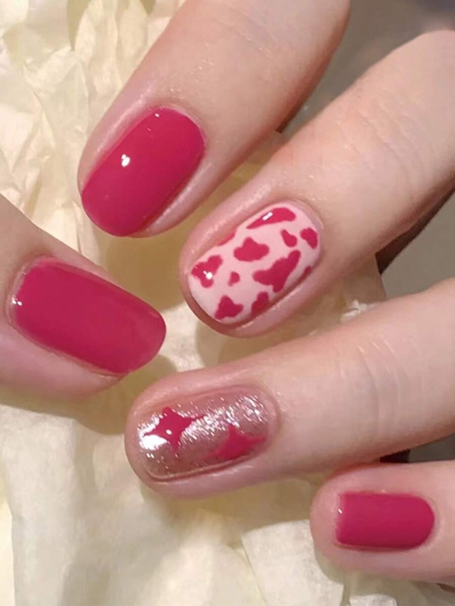 Instantly Upgrade Your Look With 24Pcs Short Square Baby Pink Star Glitter Cow Pattern Fake Nail & 1Sheet Tape & 1Pc Nail File Press On Nails Nail Supplies Nails - Multicolor - View 1