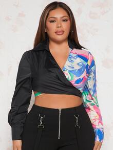 SHEIN SXY 大碼人像圖案後綁帶圍裹女士襯衫 - 彩色 - 查看 3