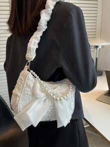 Bow & Faux Pearl Decor Satchel Bag - White - View 2