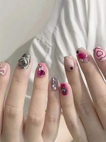 Elevate Your Style with 24pcs Short Square Pink Silver Rhinestone Heart Decor Fake Nail & 1sheet Tape & 1pc Nail File - Multicolor - View 1
