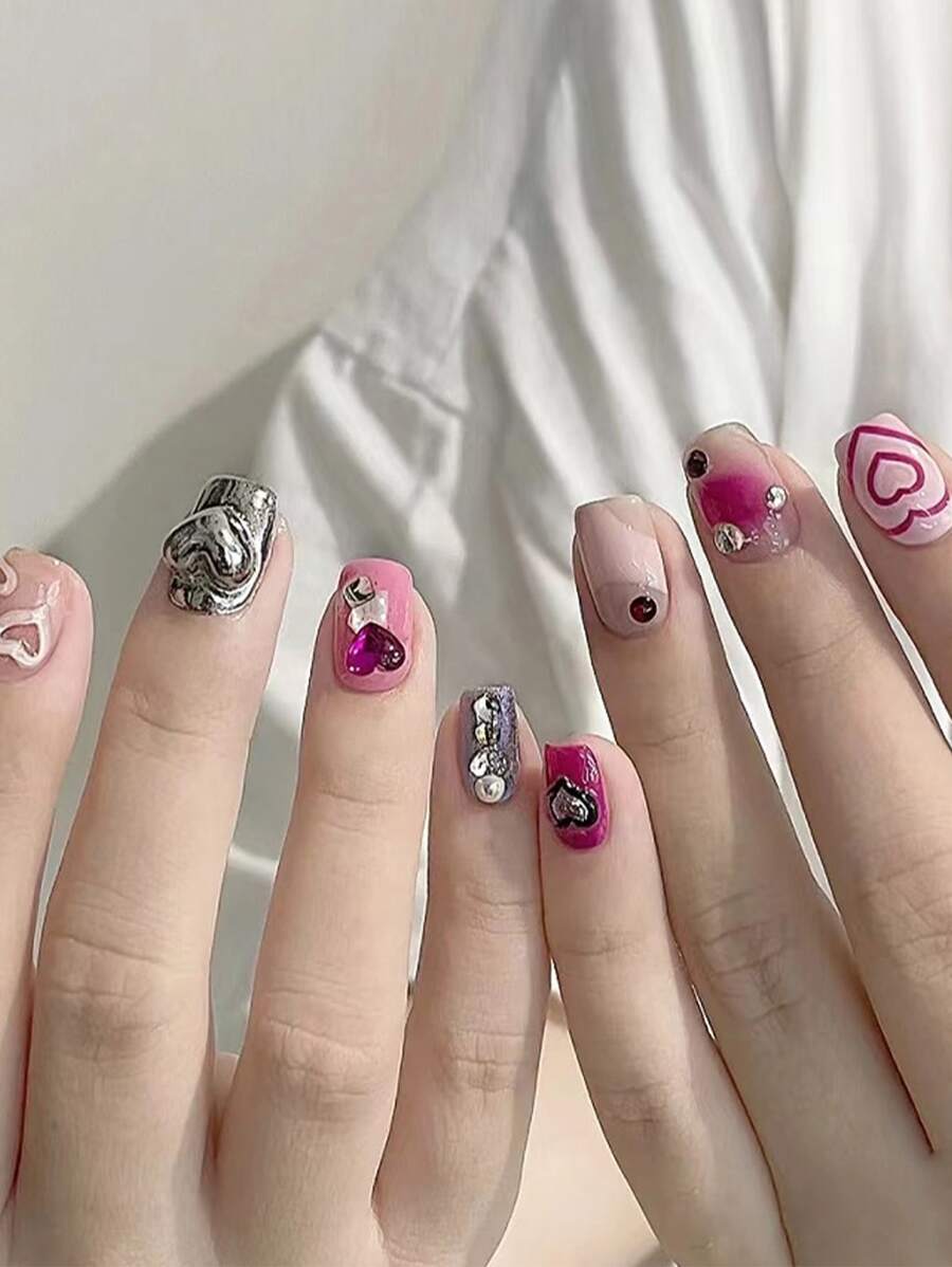 Elevate Your Style with 24pcs Short Square Pink Silver Rhinestone Heart Decor Fake Nail & 1sheet Tape & 1pc Nail File - Multicolor - View 1