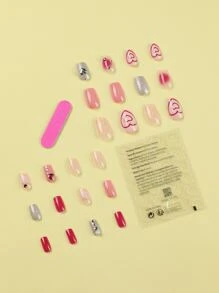 Elevate Your Style with 24pcs Short Square Pink Silver Rhinestone Heart Decor Fake Nail & 1sheet Tape & 1pc Nail File - Multicolor - View 2