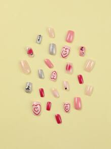 Elevate Your Style with 24pcs Short Square Pink Silver Rhinestone Heart Decor Fake Nail & 1sheet Tape & 1pc Nail File - Multicolor - View 4