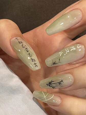 24Pcs Japanese Style Short Coffin Shape Nail Nails Green Bamboo Smudge Press On Nails Acrylic Nails Fake Nails Nails Manicure Set Detachable Full Cover Long Lasting Includes 1Sheet Adhesive Tabs & 1Pc Mini File Perfect For Everyday Wear Nail Supplies Nails