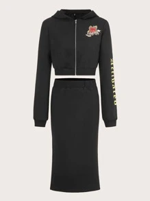 SHEIN ICON 老虎和字母圖案連帽衫和半身裙