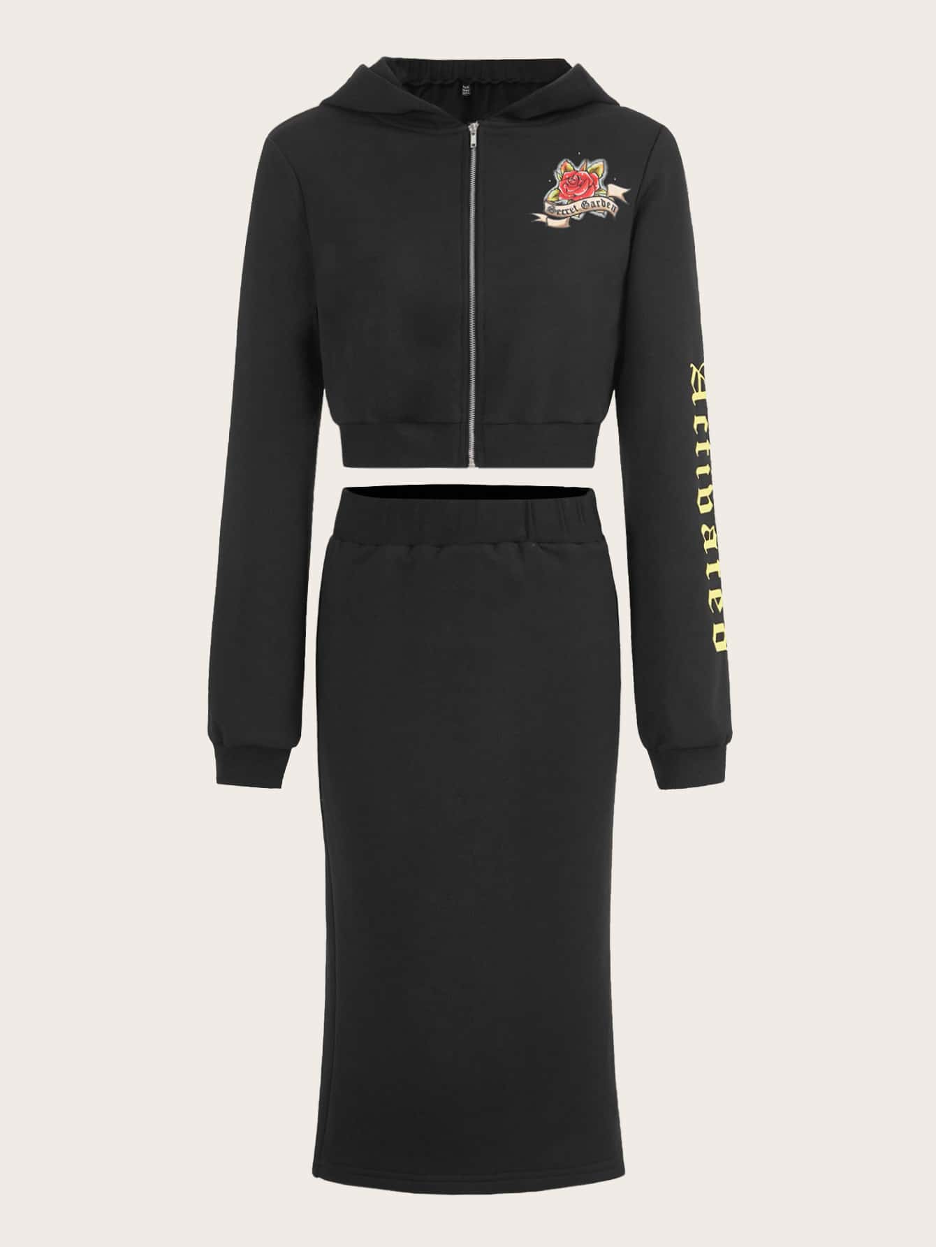 SHEIN ICON 老虎和字母圖案連帽衫和半身裙