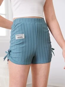 SHEIN Chicas adolescentes Shorts con diseño de parche de letra fruncido con cordón lateral - Neblina azul - Ver 1