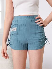 SHEIN Chicas adolescentes Shorts con diseño de parche de letra fruncido con cordón lateral - Neblina azul - Ver 3