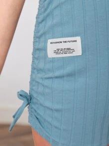 SHEIN Chicas adolescentes Shorts con diseño de parche de letra fruncido con cordón lateral - Neblina azul - Ver 4