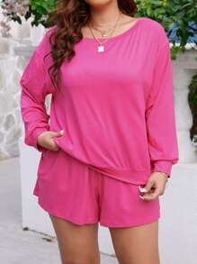 SHEIN LUNE Shorts con sudadera de hombros caídos - Rosa - Ver 3