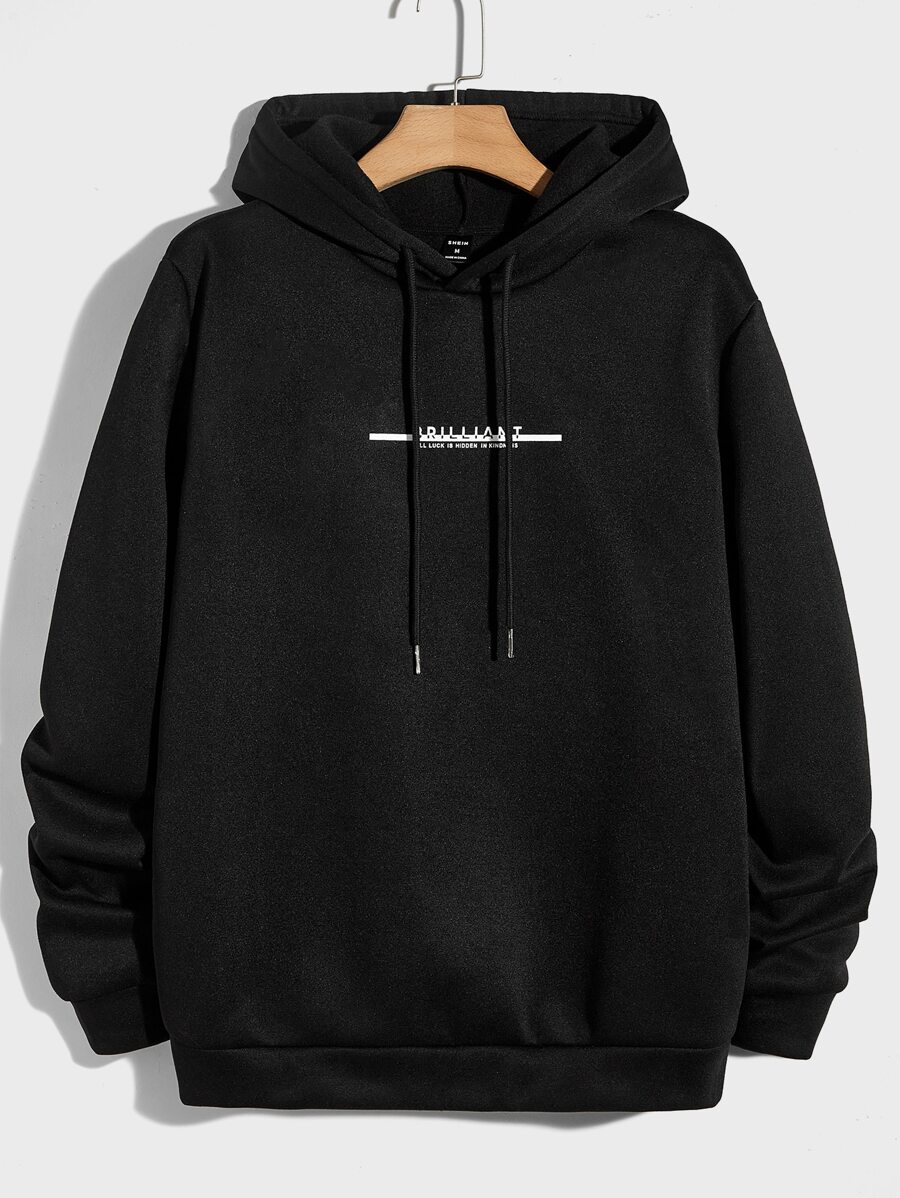 Manfinity VCAY Men Slogan Graphic Drawstring Hoodie, For Fall Winter - Black - View 1