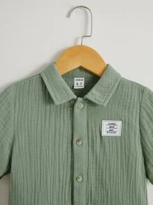 SHEIN Jumpsuit bé trai Đắp vá Nút phía trước Lá thư Giải trí - Màu xanh Bạc hà - Xem 3