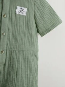 SHEIN Jumpsuit bé trai Đắp vá Nút phía trước Lá thư Giải trí - Màu xanh Bạc hà - Xem 4