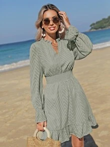 SHEIN Frenchy 鋸齒紋提花褶邊荷葉袖荷葉邊洋裝 - 薄荷綠 - 查看 1