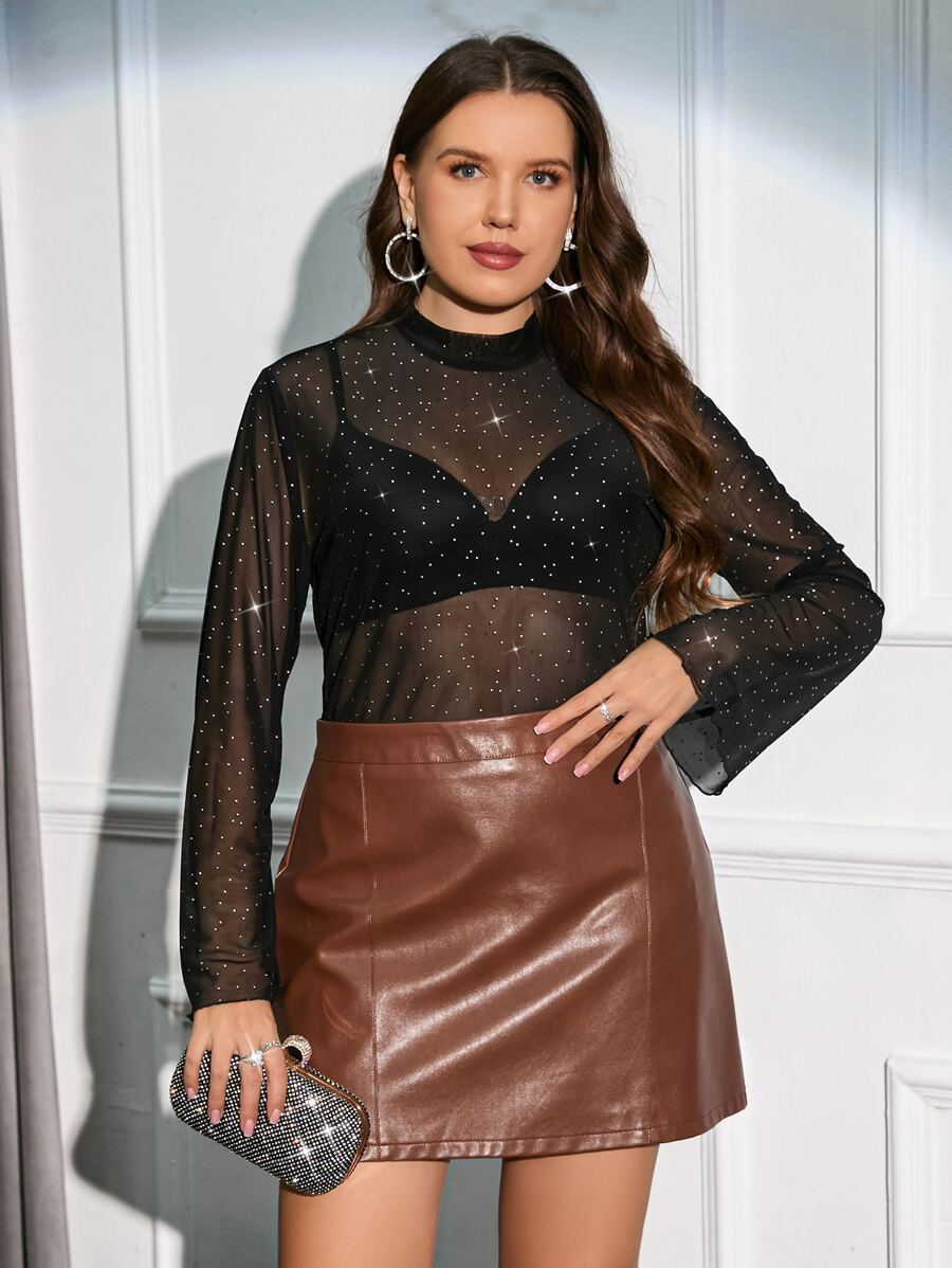 Calvaya Plus Mock Neck Rhinestone Mesh Bodysuit Without Bra - Black - View 1