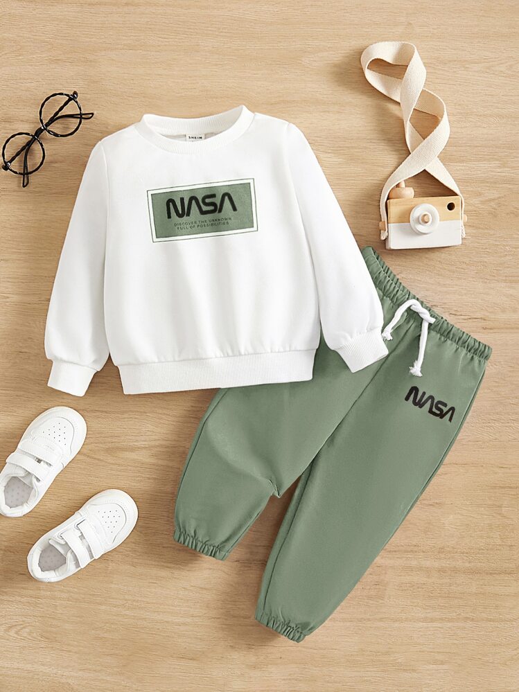 SHEIN Baby Boy Letter Graphic Pullover & Drawstring Waist Pants - Mint Green - View 1