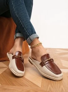 Metal Decor Square Toe Espadrille Flat Mules - Coffee Brown - View 1