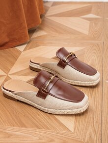 Metal Decor Square Toe Espadrille Flat Mules - Coffee Brown - View 2