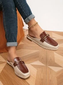 Metal Decor Square Toe Espadrille Flat Mules - Coffee Brown - View 6