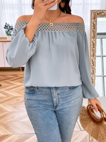 SHEIN LUNE Plus Off Shoulder Guipure Lace Insert Lantern Sleeve Blouse - Blue - View 1