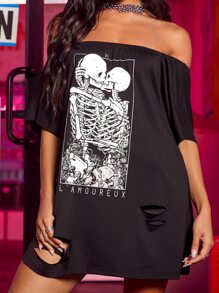 Deniart Skeleton Print Off Shoulder Ripped Detail Tee Dress - Black - View 5
