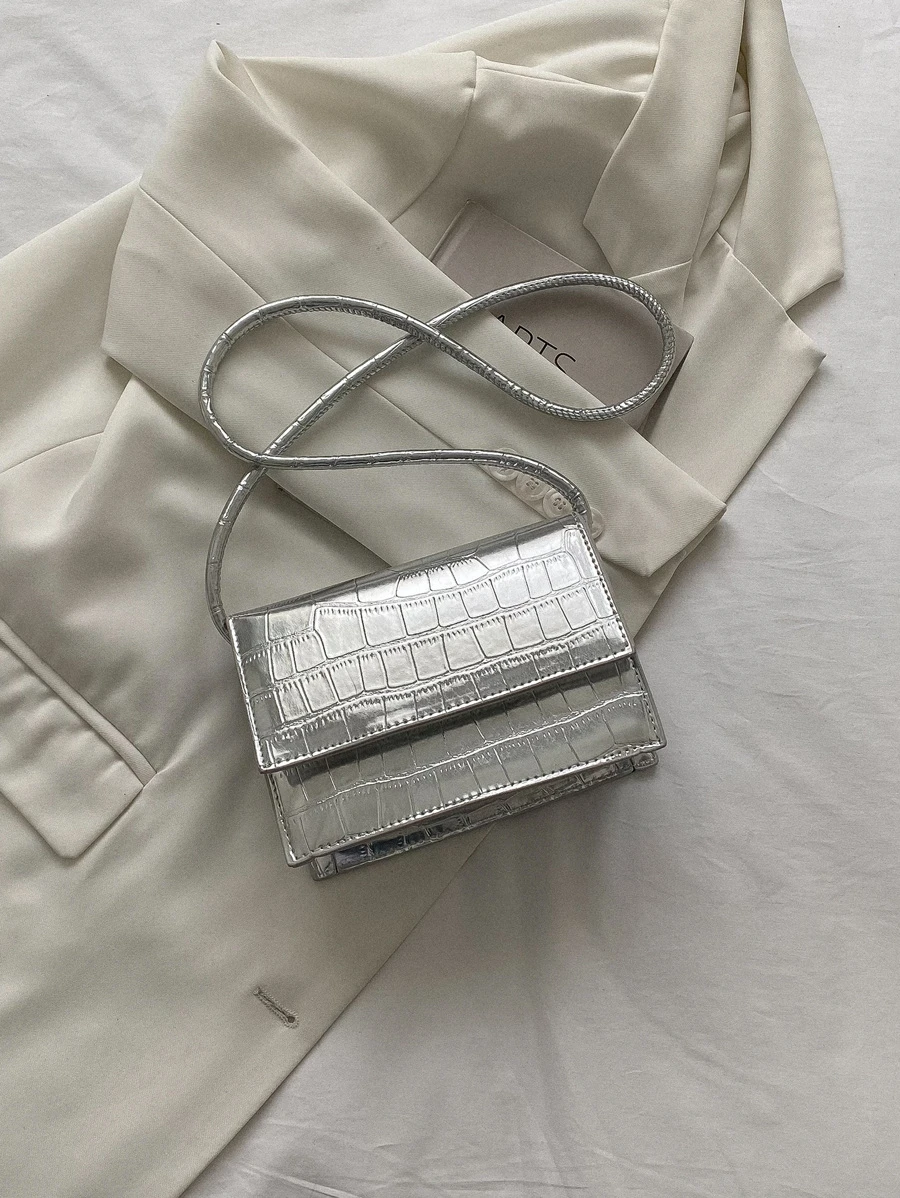 Y2k、蒸汽龐克、時髦、哥德式、陰森風mini金屬隨機鱷魚皮紋流蘇方形包單色肩背包、方型口袋、全配對斜揹包方形包