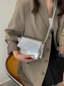 Y2k、蒸汽龐克、時髦、哥德式、陰森風mini金屬隨機鱷魚皮紋流蘇方形包單色肩背包、方型口袋、全配對斜揹包方形包