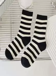 1pair Striped Pattern Crew Socks, Fall Socks - Black and White - View 2