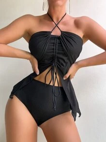 抽绳吊带高腰比基尼套装夏季海滩 - 黑色 - 查看 1