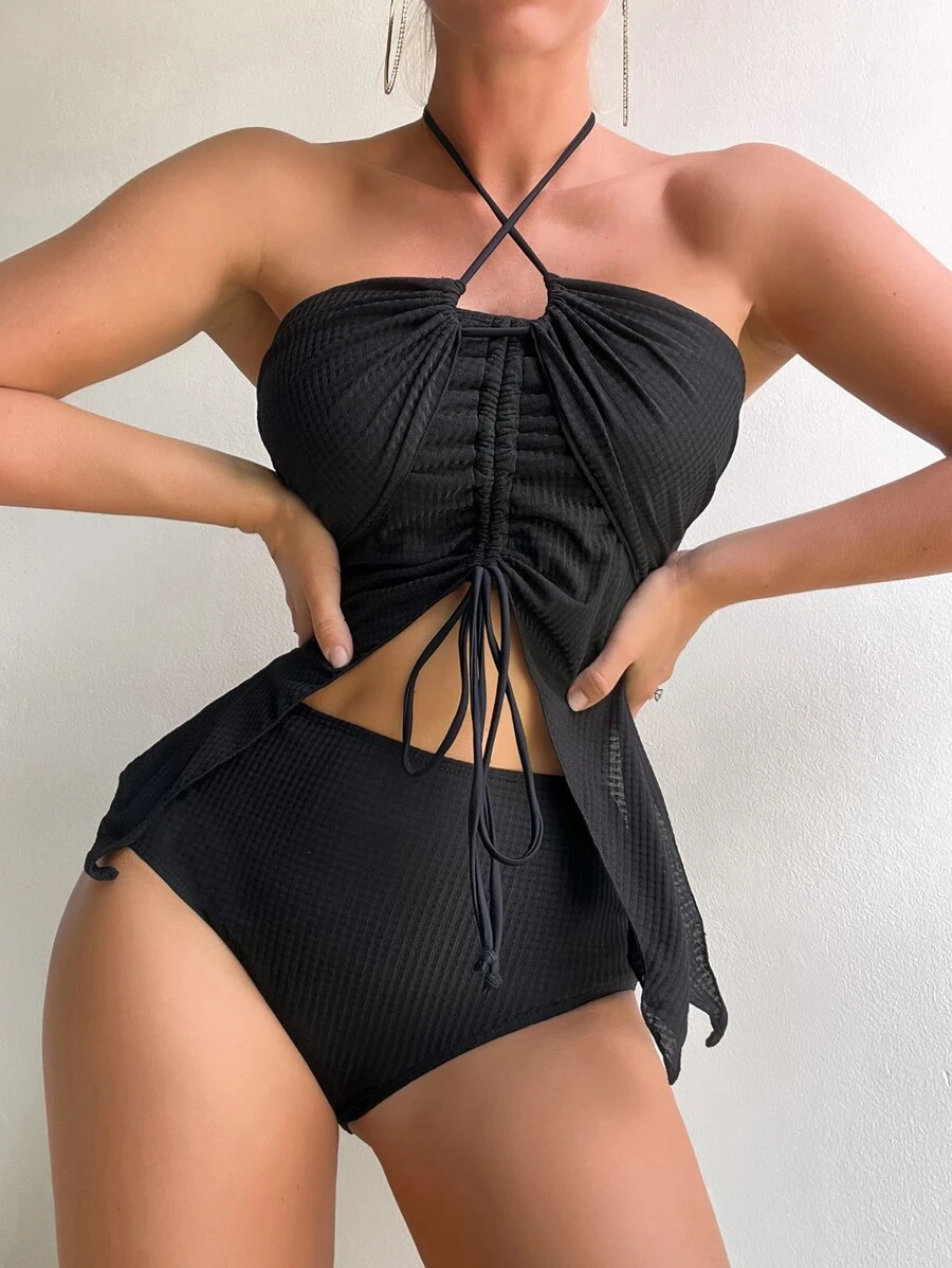 抽绳吊带高腰比基尼套装夏季海滩 - 黑色 - 查看 1