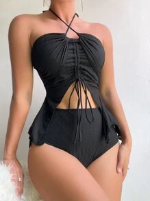 抽绳吊带高腰比基尼套装夏季海滩 - 黑色 - 查看 4