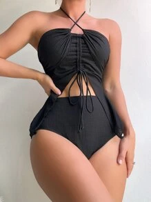 抽绳吊带高腰比基尼套装夏季海滩 - 黑色 - 查看 5